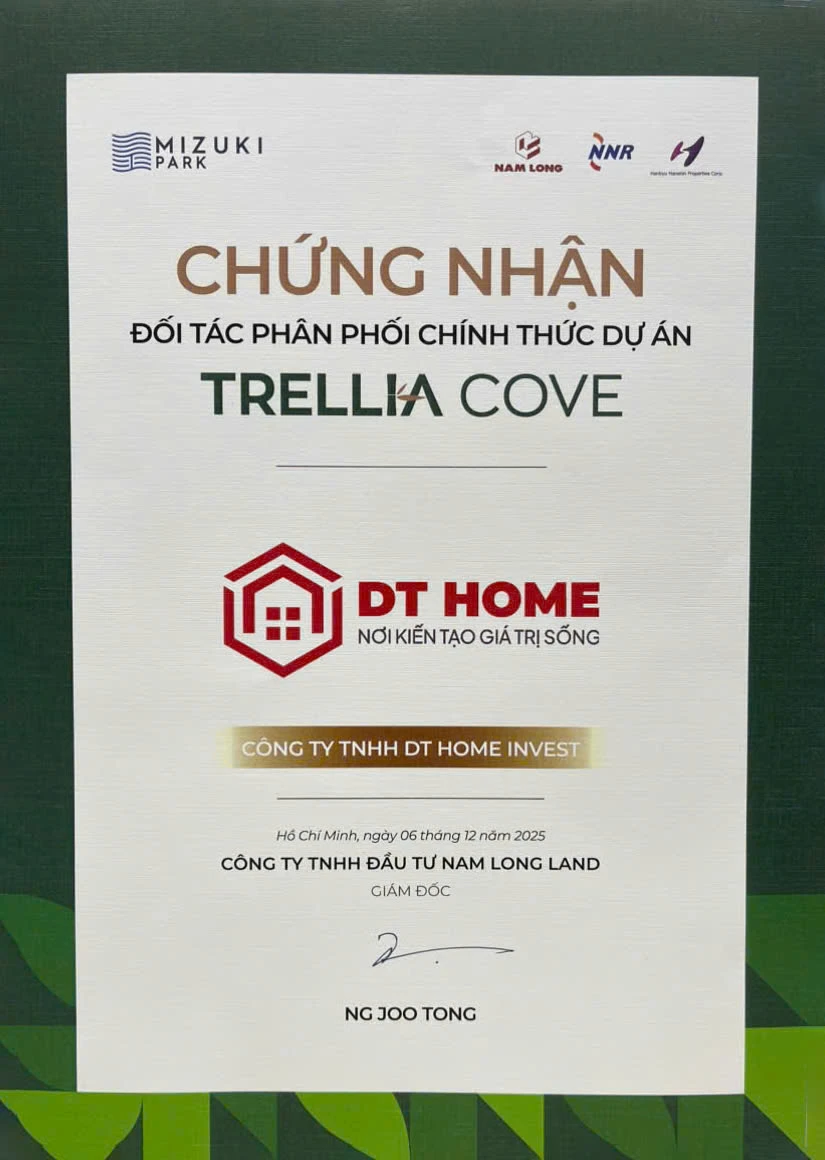 Chứng nhận DT Home Invest là đối tác phân phối chính thức dự án Trellia Cove do Nam Long Land cấp.