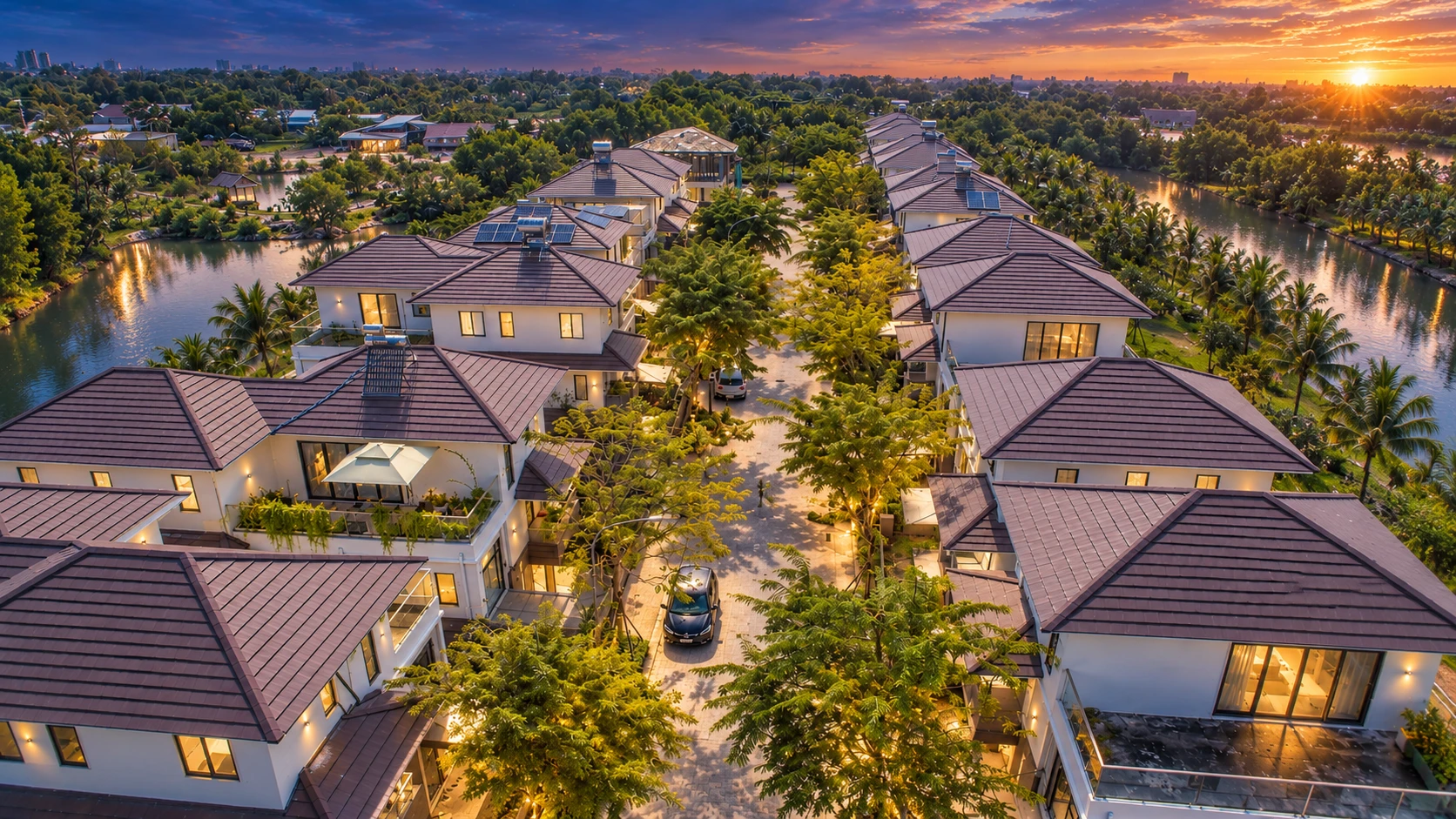 Biệt thự Valora Mizuki Park thực tế nằm trên đảo biệt lập ba mặt giáp kênh đào