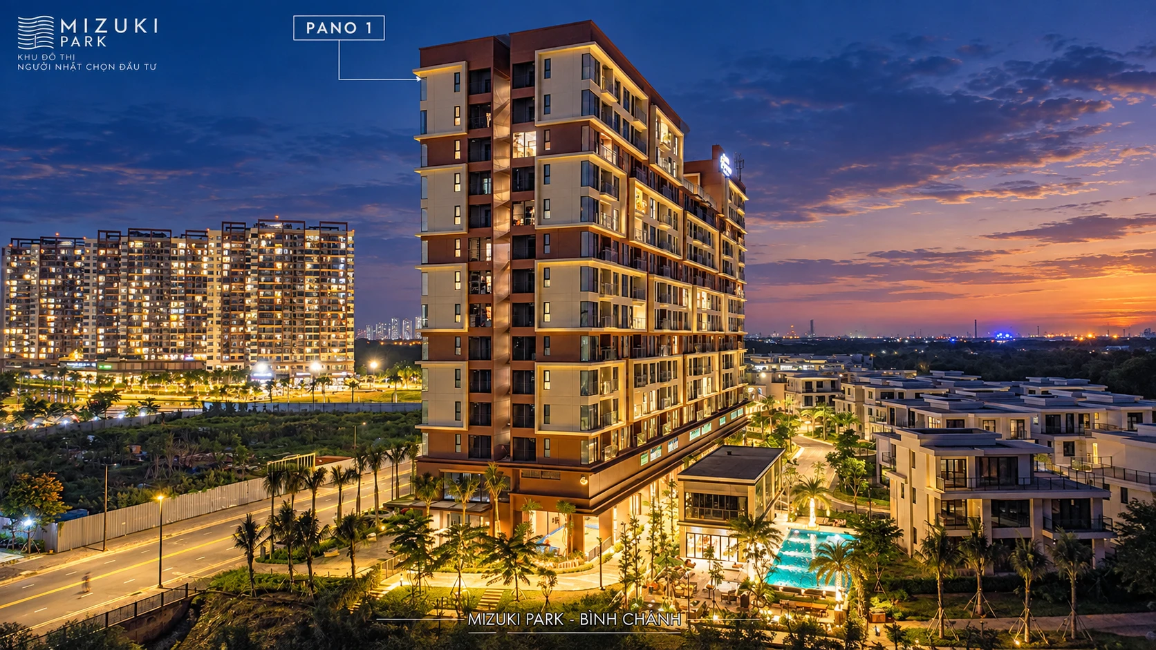 Flora Panorama Mizuki Park về đêm với kiến trúc hiện đại, hồ bơi nội khu và khu biệt thự The Mizuki bên cạnh