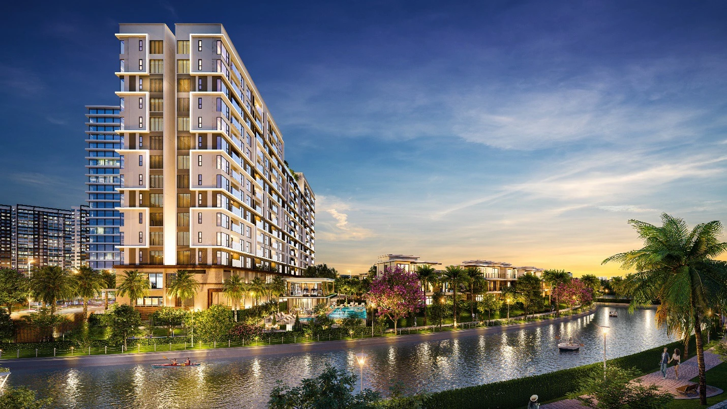 Phối cảnh Flora Panorama Mizuki Park với tầm nhìn hướng kênh đào cảnh quan và công viên ven sông