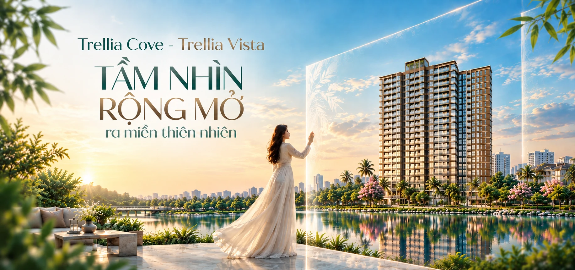 Trellia Cove Mizuki Park với tòa tháp Trellia Vista bên sông, phân khu Compound cuối cùng tại Mizuki Park Nam Sài Gòn.
