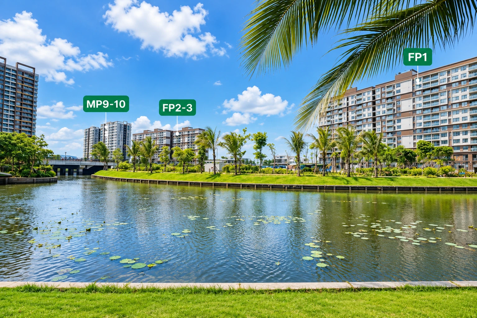 Toàn cảnh Mizuki Park với phân khu MP9-10 và Flora Panorama FP1 FP2 FP3 bên hồ cảnh quan trung tâm