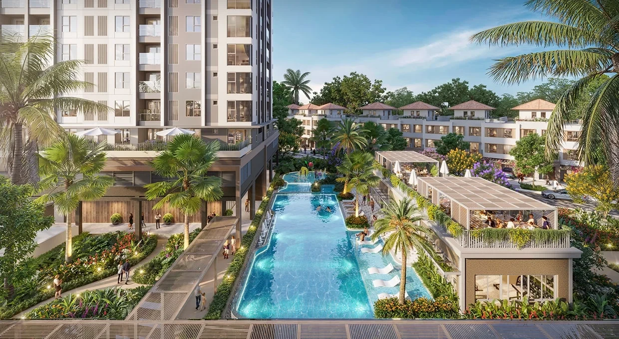 Hồ bơi nghỉ dưỡng và tiện ích nội khu tại Trellia Cove Mizuki Park.