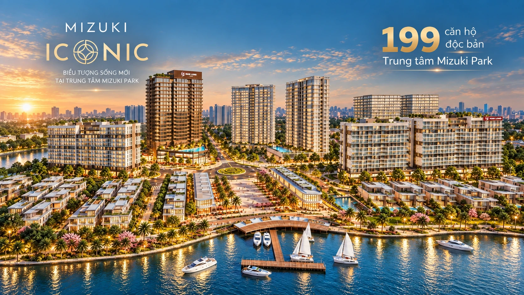 Mizuki Iconic – 199 căn hộ độc bản tại trung tâm Mizuki Park với tầm nhìn kênh đào, bến du thuyền và không gian sống chuẩn resort ven sông.