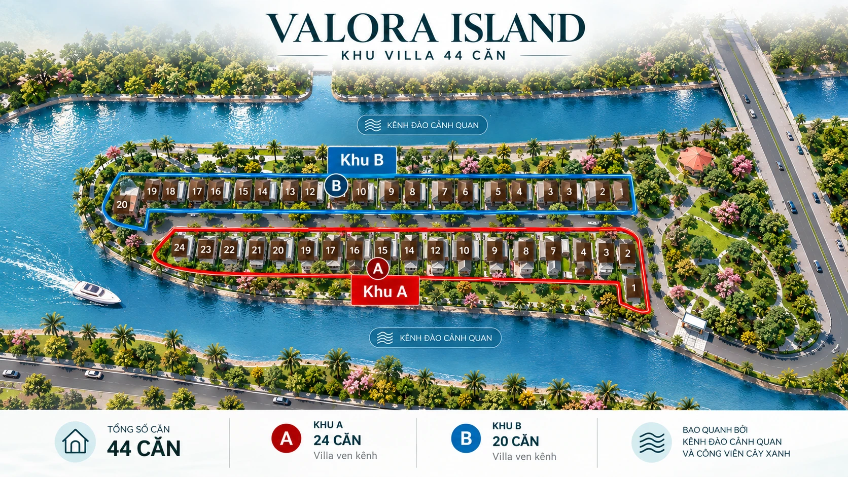 Quy hoạch Valora Island Villa Mizuki Park gồm 44 căn biệt thự ven kênh được chia thành Khu A và Khu B trong khu đô thị Mizuki Park
