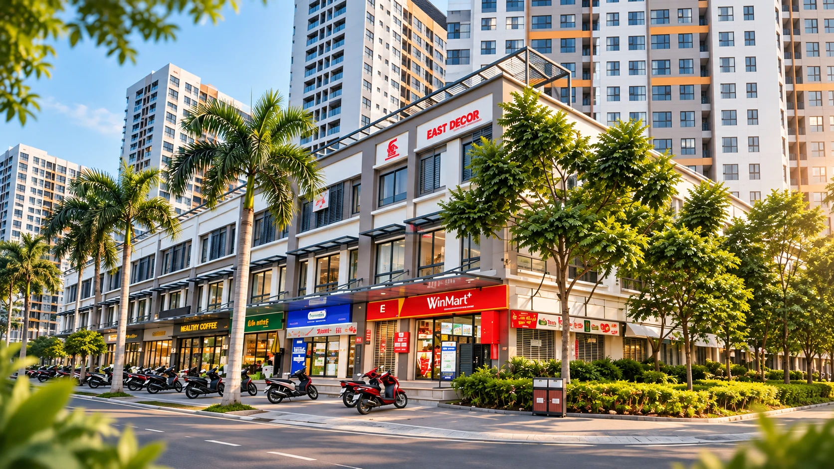 Shophouse Valora Mizuki thực tế tại khu đô thị Mizuki Park với dãy nhà phố thương mại và các tiện ích dịch vụ đã đi vào hoạt động